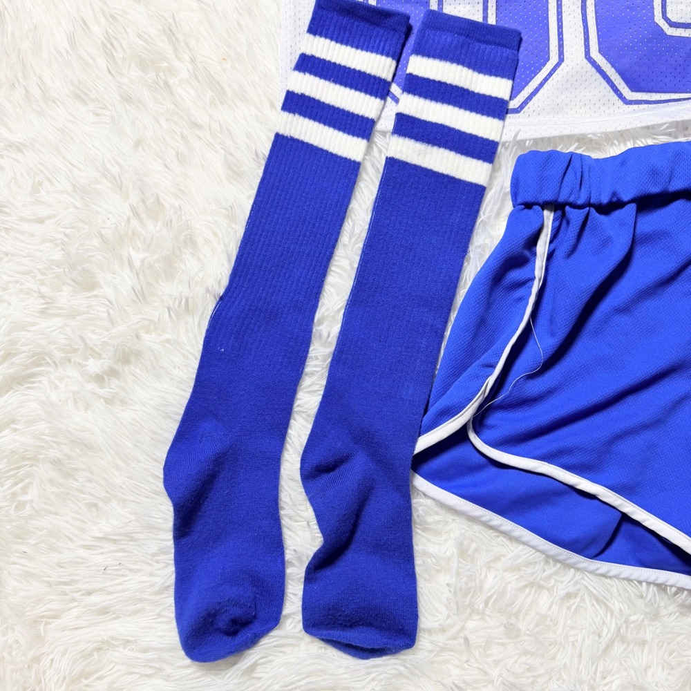Women's Football Player Costume XS 3 Piece Jersey Shorts Knee High Socks - Picture 9 of 10